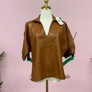 Emi Jay Brown Faux Leather V-Neck Tunic Top